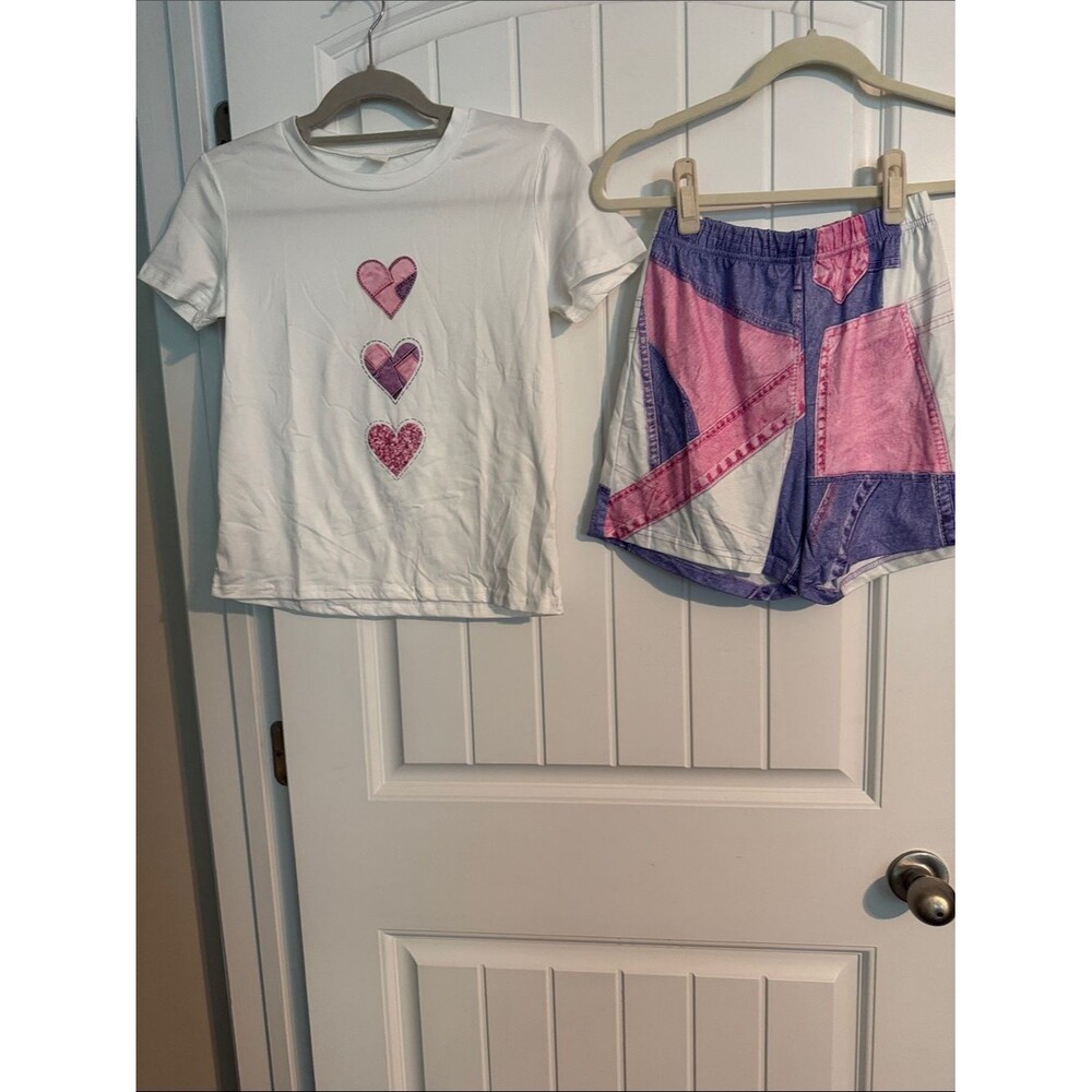 SHEIN White Tee with Pink & Purple Patchwork Shorts Pajama Set